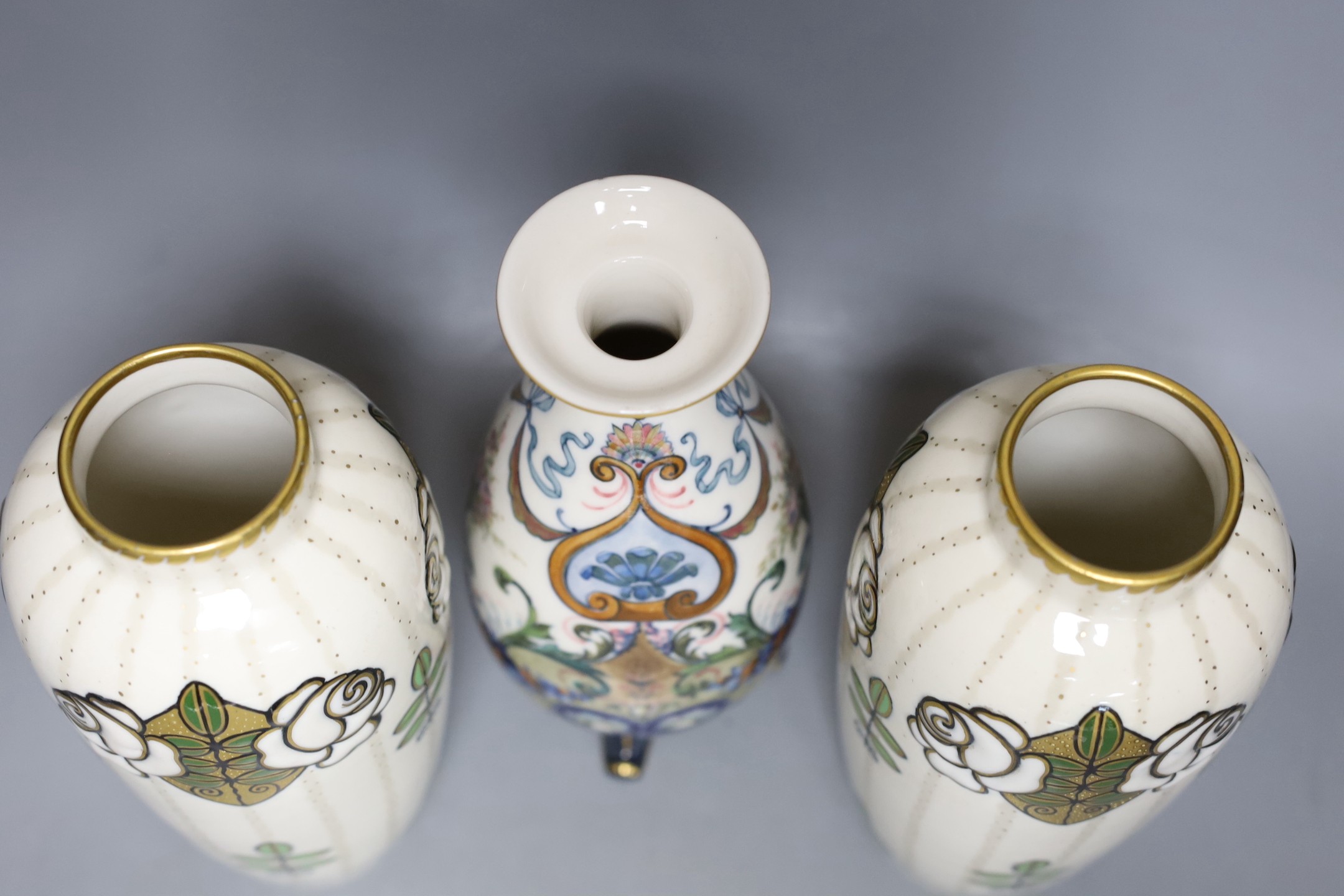 A pair of Ernst Wahliss Royal Vienna secessionist vases, a Worcester pot pourri and a French porcelain vase, tallest 22cm